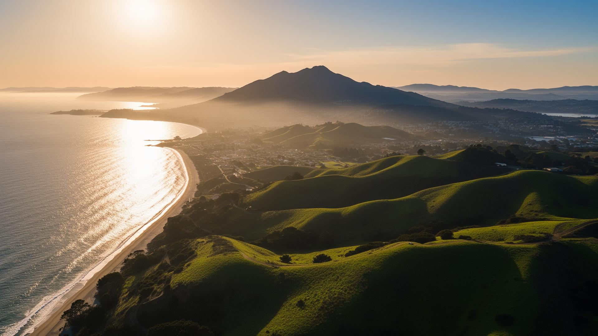 Aerial view of Marin County coastline with Mount Tamalpais at golden hour